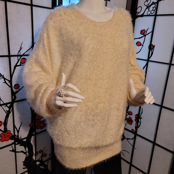 BLACK RIVAT G-III APPAREL BIG FUZZY CREAMY XL LADIES KNIT W/GOLD LUREX SPARKLE - Picture 5 of 9